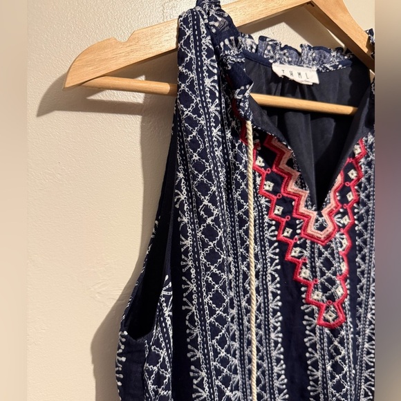 Anthropologie THML Navy, Red & White Embroidered Swing Dress Tassel Accents Med - Picture 3 of 14